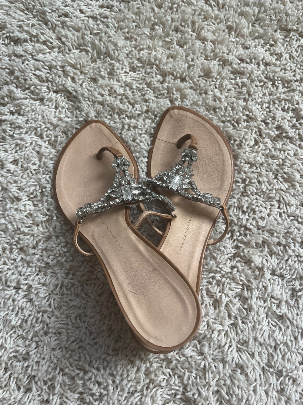Giuseppe Zanotti Nude Leather Sandals with Crystal T-Strap
